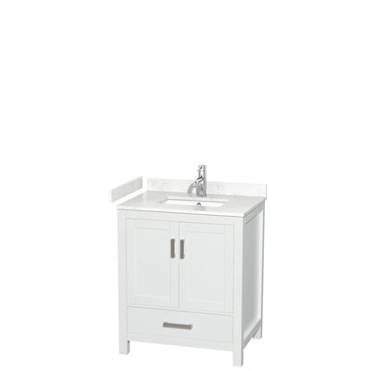 Wyndham Collection Sheffield 30" Single Bathroom Vanity in White, Carrara Cultured Marble Countertop, Undermount Square Sink, No Mirror