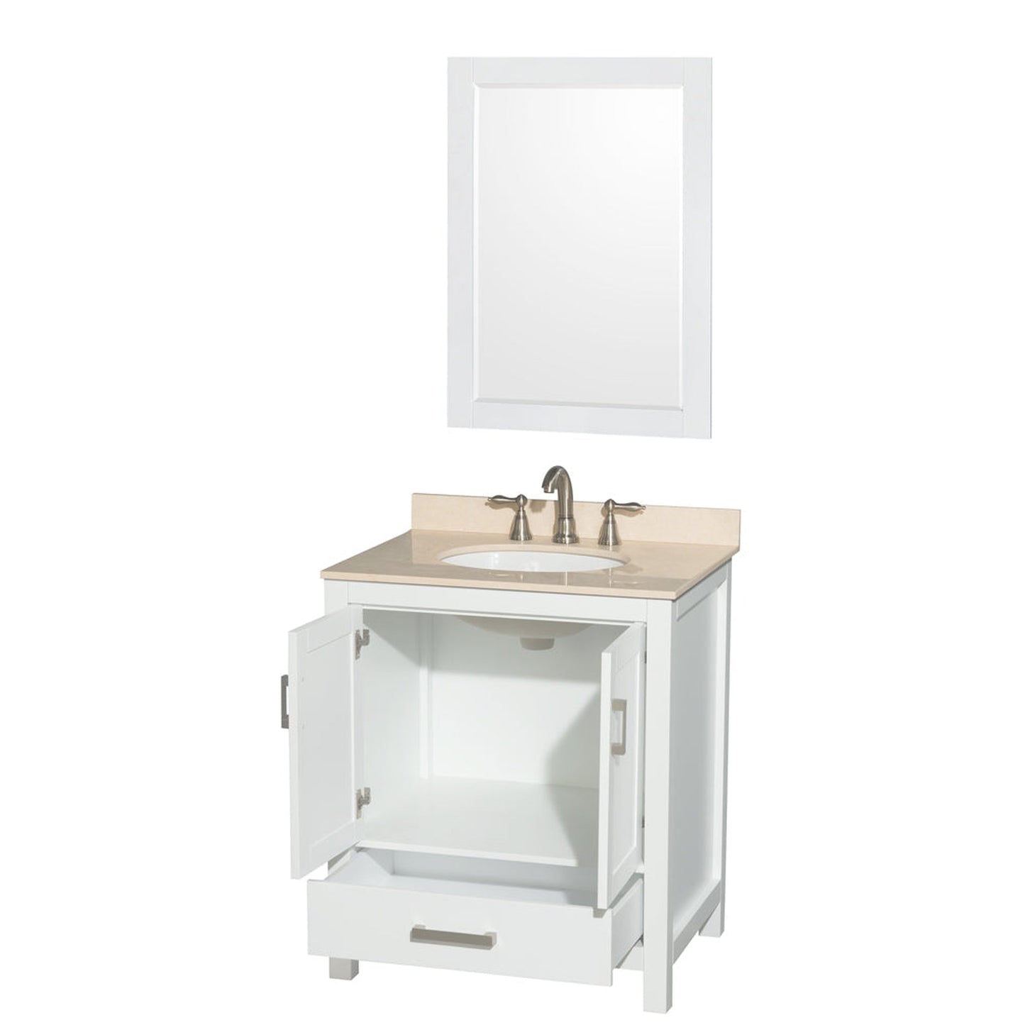 Wyndham Collection Sheffield 30" Single Bathroom Vanity in White, Ivory Marble Countertop, Undermount Oval Sink, and 24" Mirror