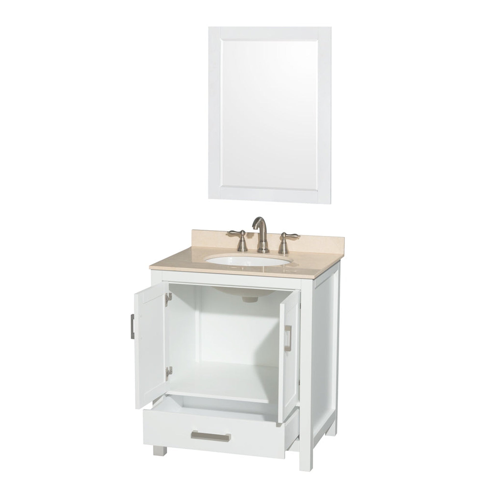 Wyndham Collection Sheffield 30" Single Bathroom Vanity in White, Ivory Marble Countertop, Undermount Oval Sink, and 24" Mirror