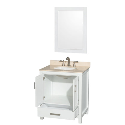 Wyndham Collection Sheffield 30" Single Bathroom Vanity in White, Ivory Marble Countertop, Undermount Oval Sink, and 24" Mirror