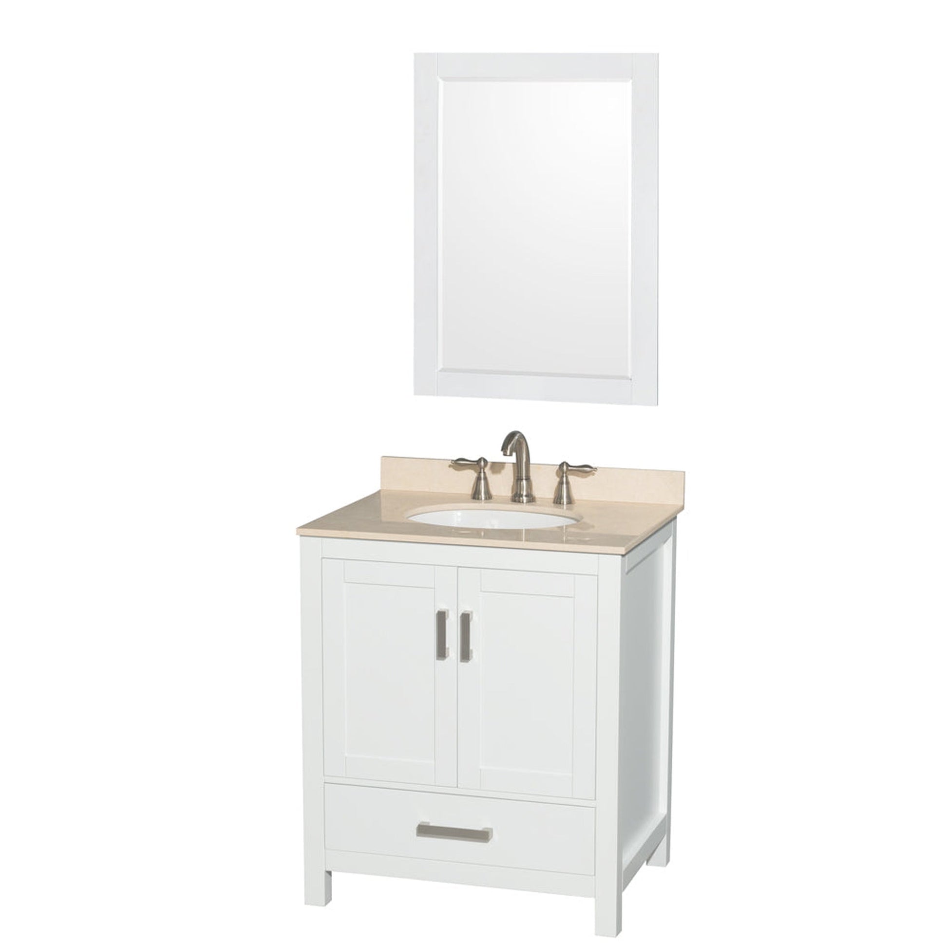Wyndham Collection Sheffield 30" Single Bathroom Vanity in White, Ivory Marble Countertop, Undermount Oval Sink, and 24" Mirror