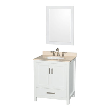 Wyndham Collection Sheffield 30" Single Bathroom Vanity in White, Ivory Marble Countertop, Undermount Oval Sink, and 24" Mirror