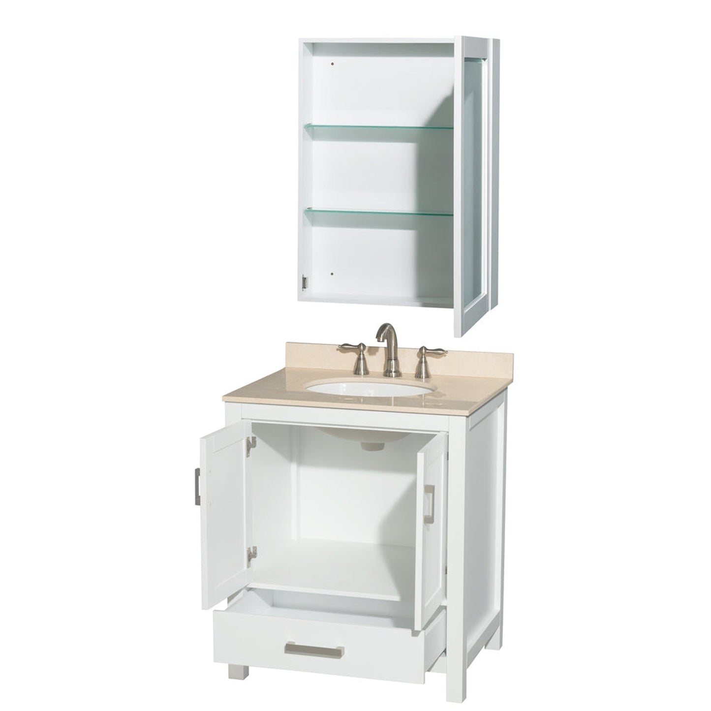 Wyndham Collection Sheffield 30" Single Bathroom Vanity in White, Ivory Marble Countertop, Undermount Oval Sink, and Medicine Cabinet