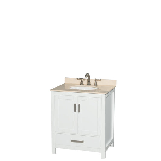 Wyndham Collection Sheffield 30" Single Bathroom Vanity in White, Ivory Marble Countertop, Undermount Oval Sink, and No Mirror