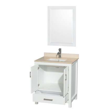 Wyndham Collection Sheffield 30" Single Bathroom Vanity in White, Ivory Marble Countertop, Undermount Square Sink, and 24" Mirror