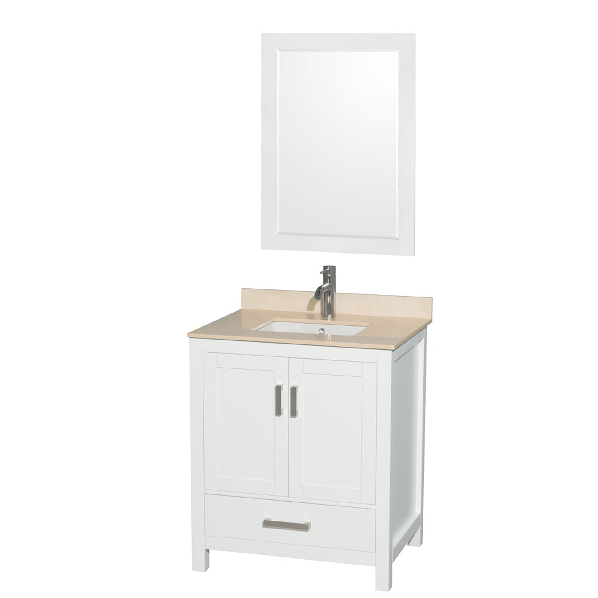 Wyndham Collection Sheffield 30" Single Bathroom Vanity in White, Ivory Marble Countertop, Undermount Square Sink, and 24" Mirror
