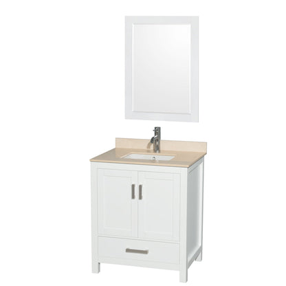 Wyndham Collection Sheffield 30" Single Bathroom Vanity in White, Ivory Marble Countertop, Undermount Square Sink, and 24" Mirror