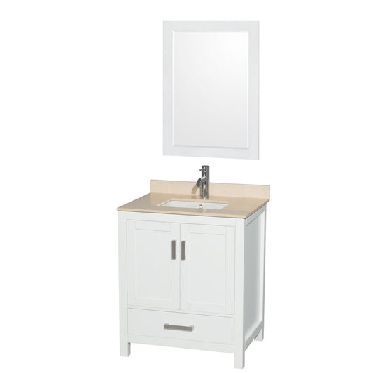 Wyndham Collection Sheffield 30" Single Bathroom Vanity in White, Ivory Marble Countertop, Undermount Square Sink, and 24" Mirror