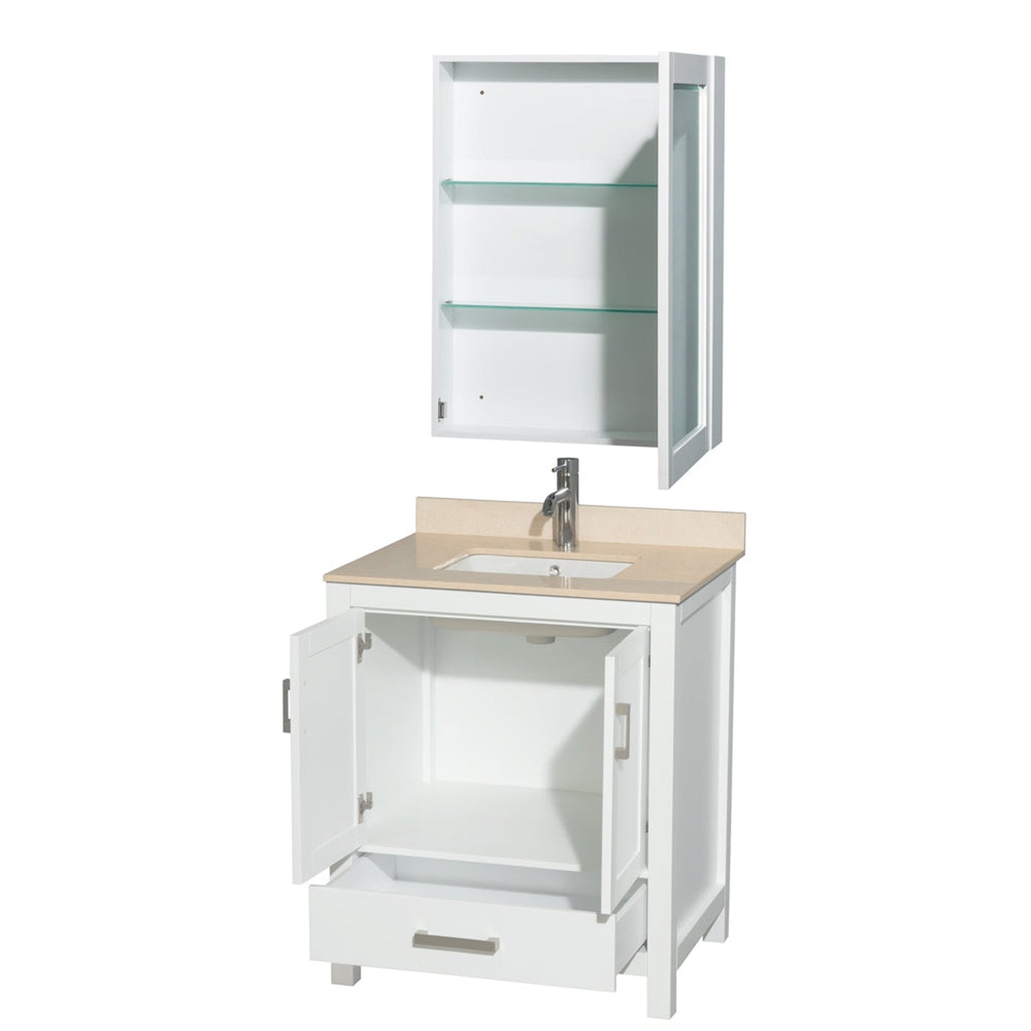 Wyndham Collection Sheffield 30" Single Bathroom Vanity in White, Ivory Marble Countertop, Undermount Square Sink, and Medicine Cabinet