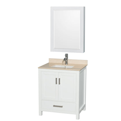 Wyndham Collection Sheffield 30" Single Bathroom Vanity in White, Ivory Marble Countertop, Undermount Square Sink, and Medicine Cabinet