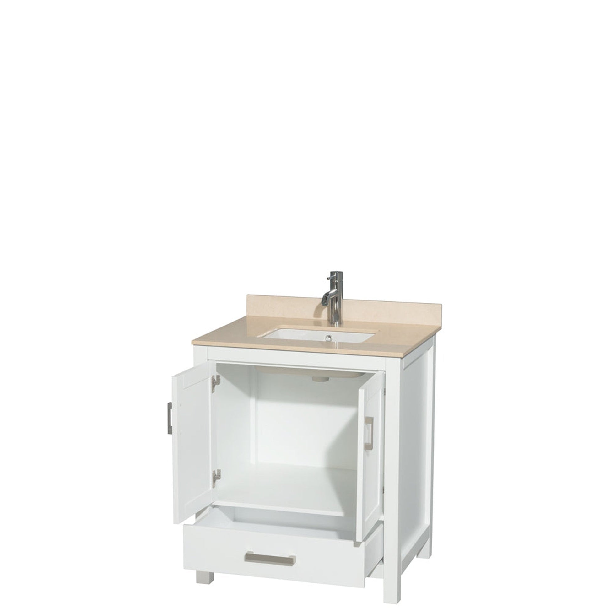 Wyndham Collection Sheffield 30" Single Bathroom Vanity in White, Ivory Marble Countertop, Undermount Square Sink, and No Mirror
