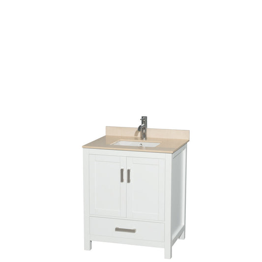 Wyndham Collection Sheffield 30" Single Bathroom Vanity in White, Ivory Marble Countertop, Undermount Square Sink, and No Mirror