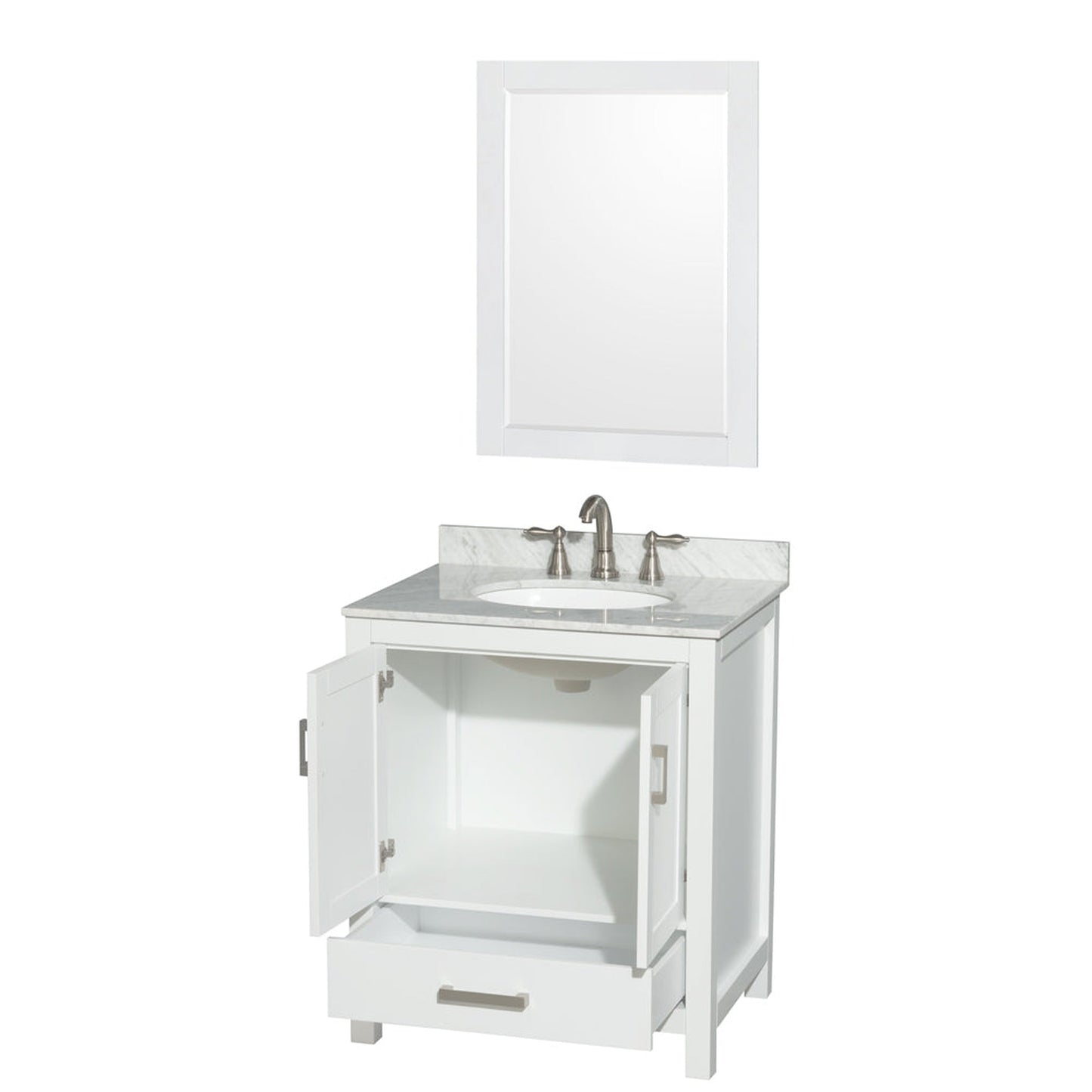 Wyndham Collection Sheffield 30" Single Bathroom Vanity in White, White Carrara Marble Countertop, Undermount Oval Sink, and 24" Mirror