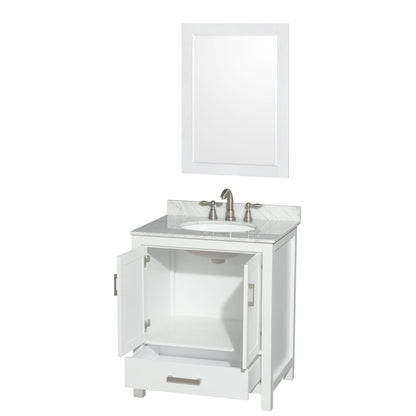 Wyndham Collection Sheffield 30" Single Bathroom Vanity in White, White Carrara Marble Countertop, Undermount Oval Sink, and 24" Mirror