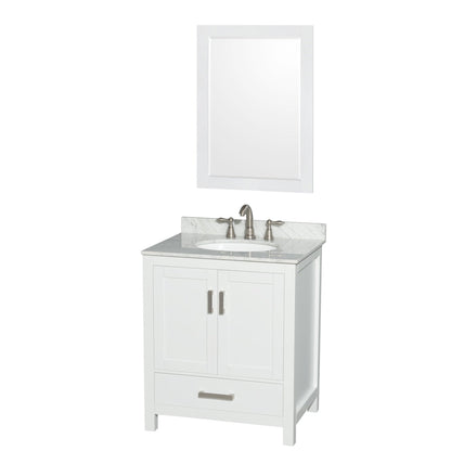 Wyndham Collection Sheffield 30" Single Bathroom Vanity in White, White Carrara Marble Countertop, Undermount Oval Sink, and 24" Mirror