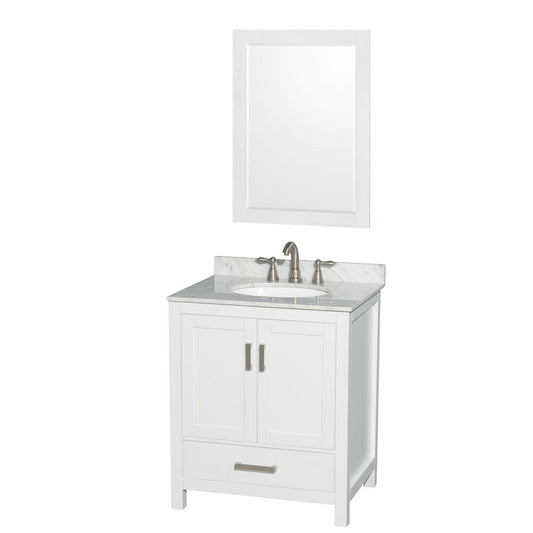 Wyndham Collection Sheffield 30" Single Bathroom Vanity in White, White Carrara Marble Countertop, Undermount Oval Sink, and 24" Mirror