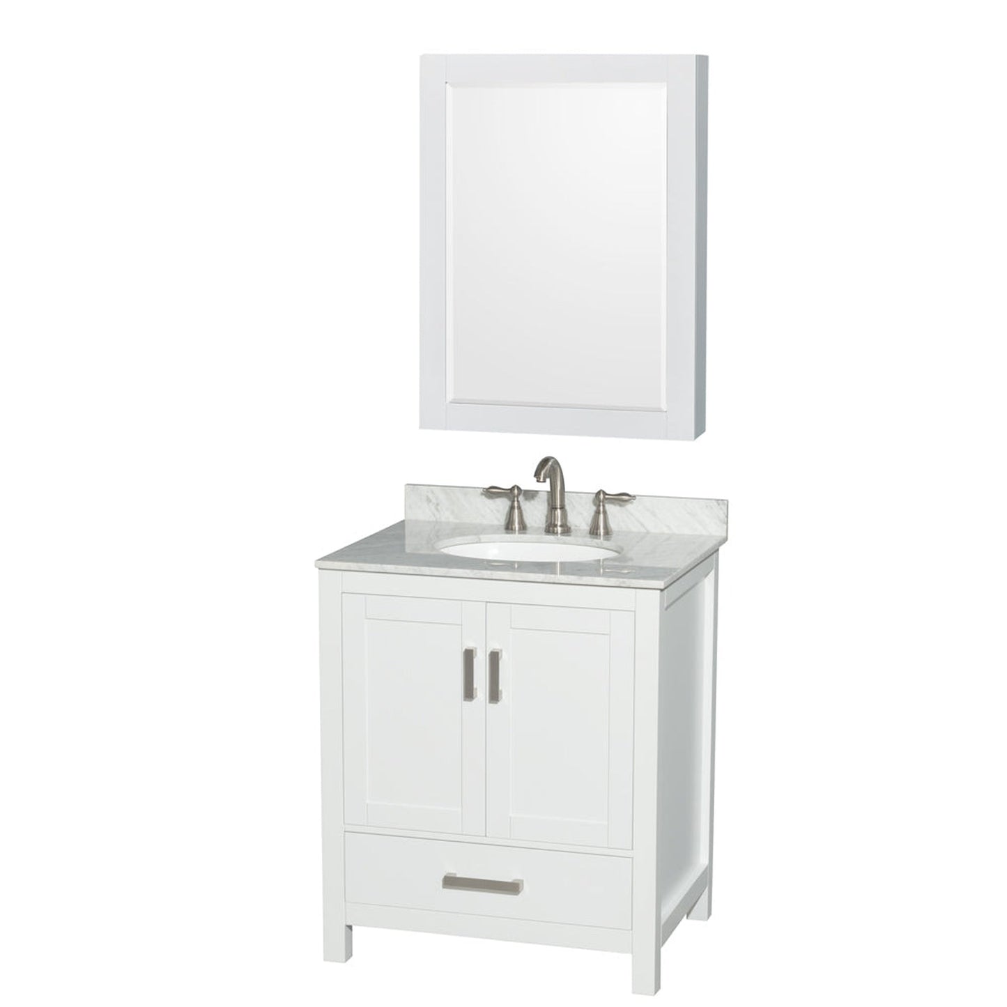 Wyndham Collection Sheffield 30" Single Bathroom Vanity in White, White Carrara Marble Countertop, Undermount Oval Sink, and Medicine Cabinet