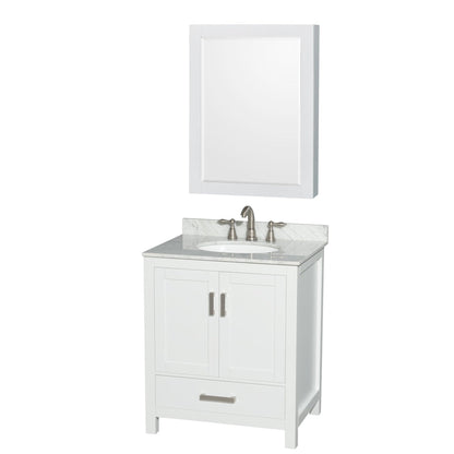 Wyndham Collection Sheffield 30" Single Bathroom Vanity in White, White Carrara Marble Countertop, Undermount Oval Sink, and Medicine Cabinet