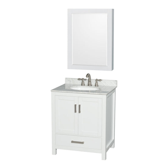 Wyndham Collection Sheffield 30" Single Bathroom Vanity in White, White Carrara Marble Countertop, Undermount Oval Sink, and Medicine Cabinet