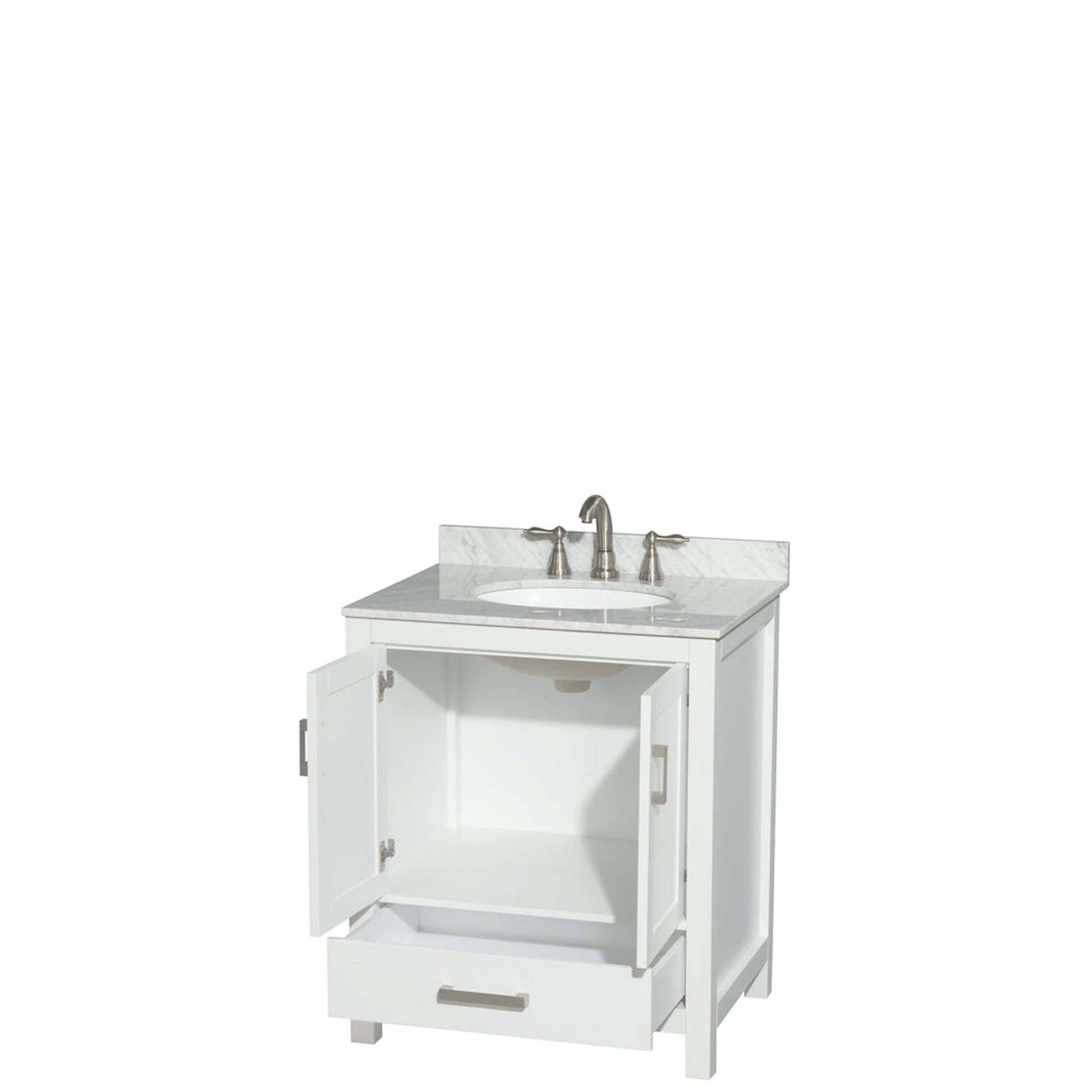 Wyndham Collection Sheffield 30" Single Bathroom Vanity in White, White Carrara Marble Countertop, Undermount Oval Sink, and No Mirror