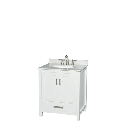 Wyndham Collection Sheffield 30" Single Bathroom Vanity in White, White Carrara Marble Countertop, Undermount Oval Sink, and No Mirror
