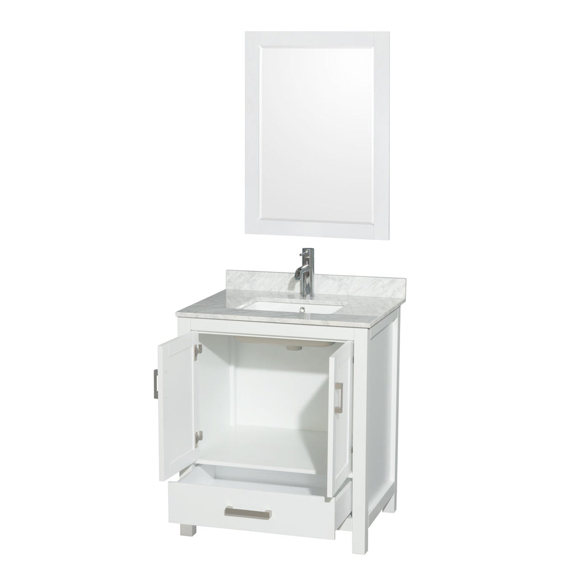 Wyndham Collection Sheffield 30" Single Bathroom Vanity in White, White Carrara Marble Countertop, Undermount Square Sink, and 24" Mirror
