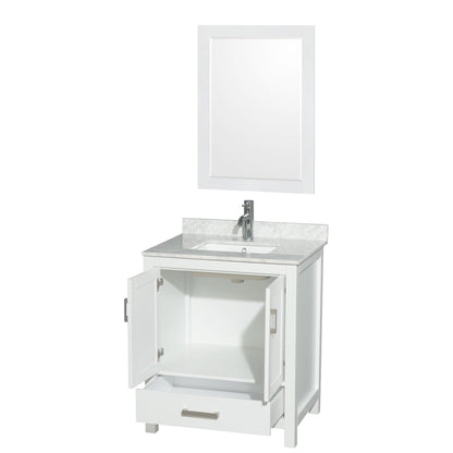 Wyndham Collection Sheffield 30" Single Bathroom Vanity in White, White Carrara Marble Countertop, Undermount Square Sink, and 24" Mirror