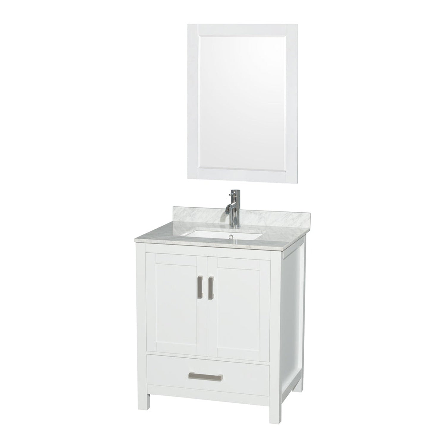 Wyndham Collection Sheffield 30" Single Bathroom Vanity in White, White Carrara Marble Countertop, Undermount Square Sink, and 24" Mirror