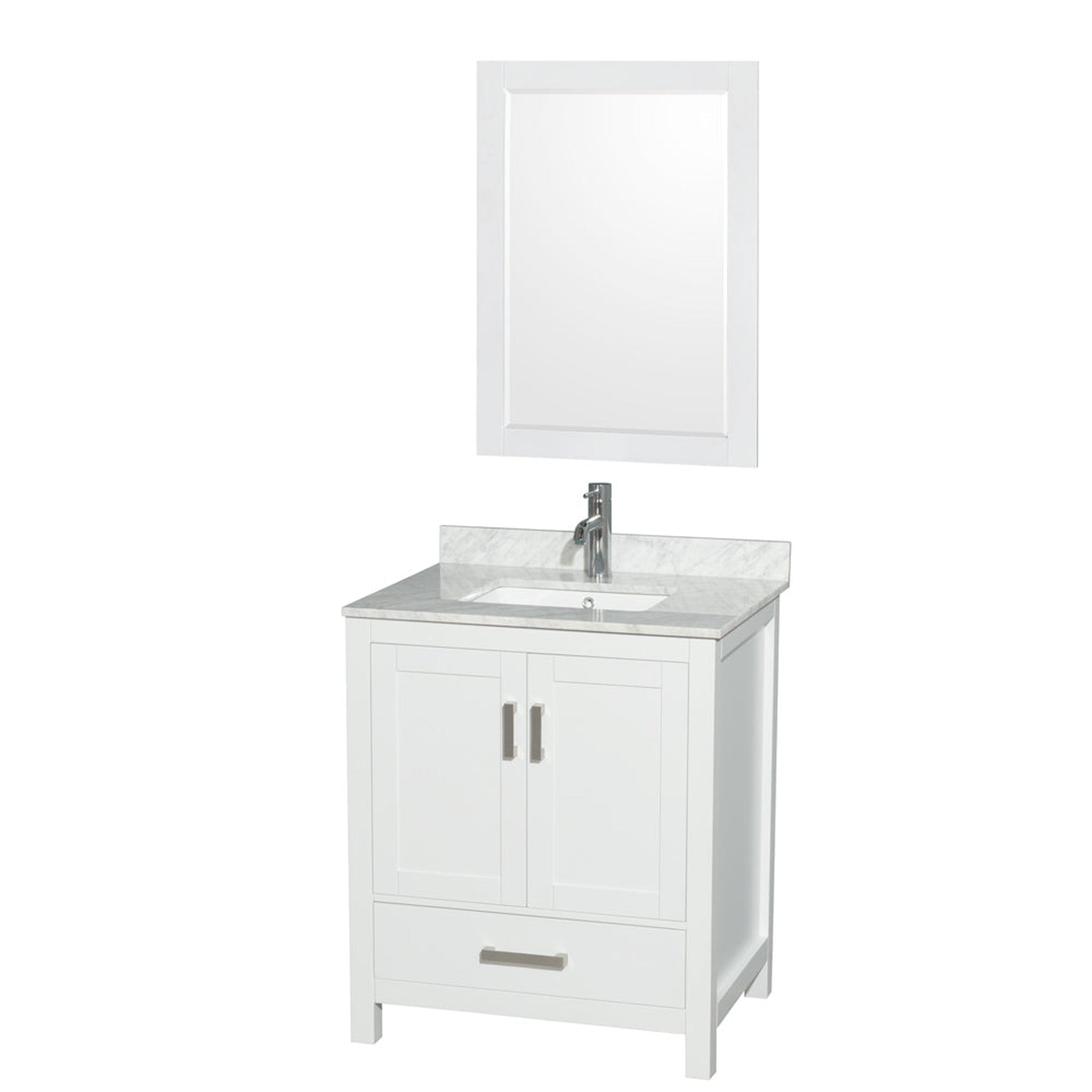 Wyndham Collection Sheffield 30" Single Bathroom Vanity in White, White Carrara Marble Countertop, Undermount Square Sink, and 24" Mirror