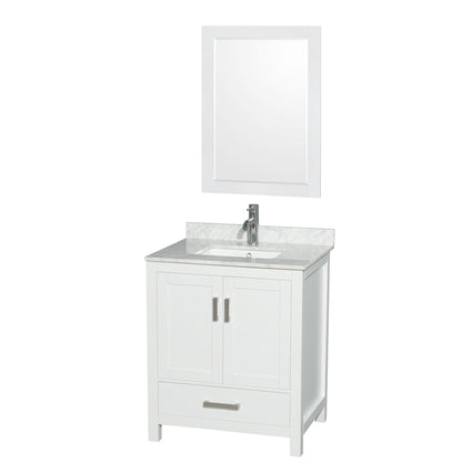 Wyndham Collection Sheffield 30" Single Bathroom Vanity in White, White Carrara Marble Countertop, Undermount Square Sink, and 24" Mirror