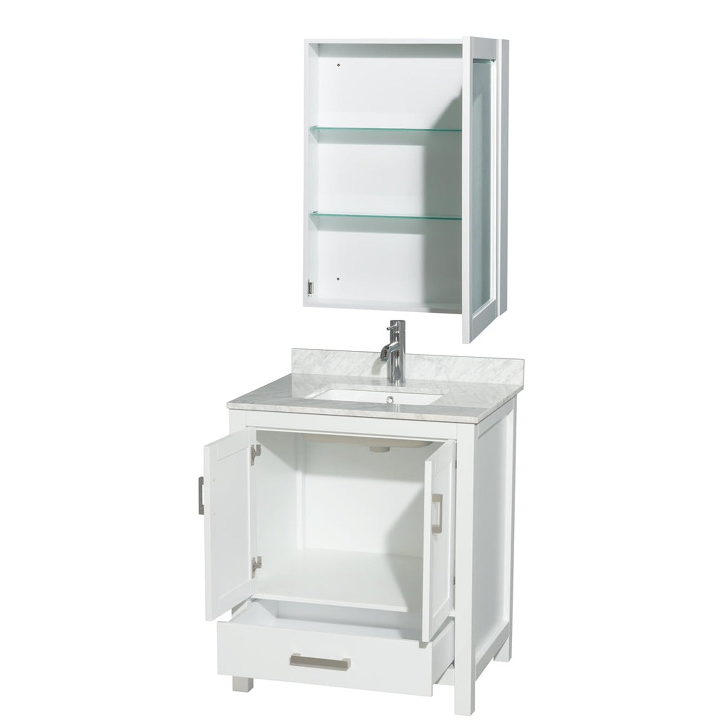 Wyndham Collection Sheffield 30" Single Bathroom Vanity in White, White Carrara Marble Countertop, Undermount Square Sink, and Medicine Cabinet
