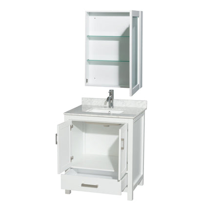 Wyndham Collection Sheffield 30" Single Bathroom Vanity in White, White Carrara Marble Countertop, Undermount Square Sink, and Medicine Cabinet
