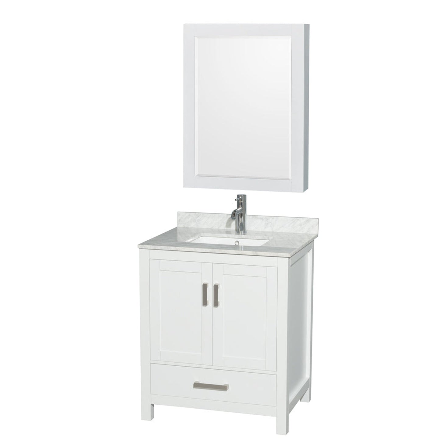 Wyndham Collection Sheffield 30" Single Bathroom Vanity in White, White Carrara Marble Countertop, Undermount Square Sink, and Medicine Cabinet