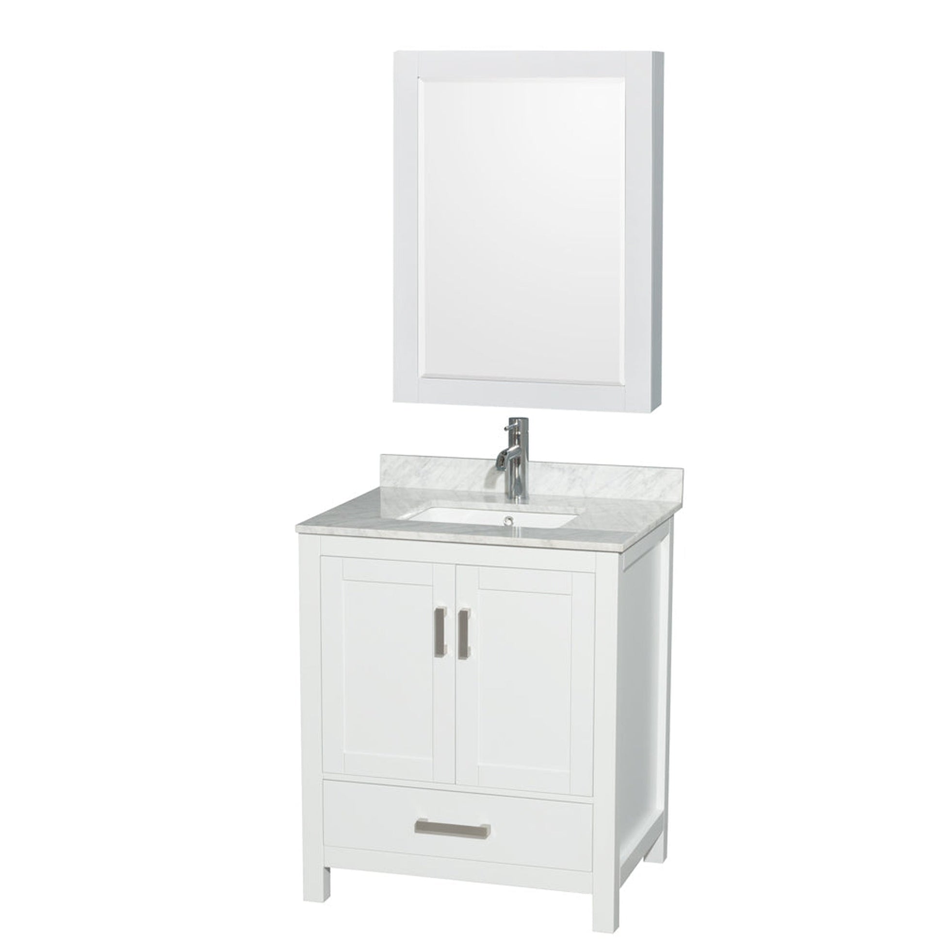 Wyndham Collection Sheffield 30" Single Bathroom Vanity in White, White Carrara Marble Countertop, Undermount Square Sink, and Medicine Cabinet