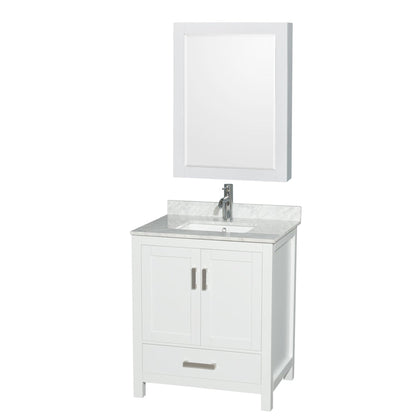 Wyndham Collection Sheffield 30" Single Bathroom Vanity in White, White Carrara Marble Countertop, Undermount Square Sink, and Medicine Cabinet