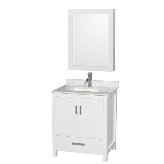 Wyndham Collection Sheffield 30" Single Bathroom Vanity in White, White Carrara Marble Countertop, Undermount Square Sink, and Medicine Cabinet