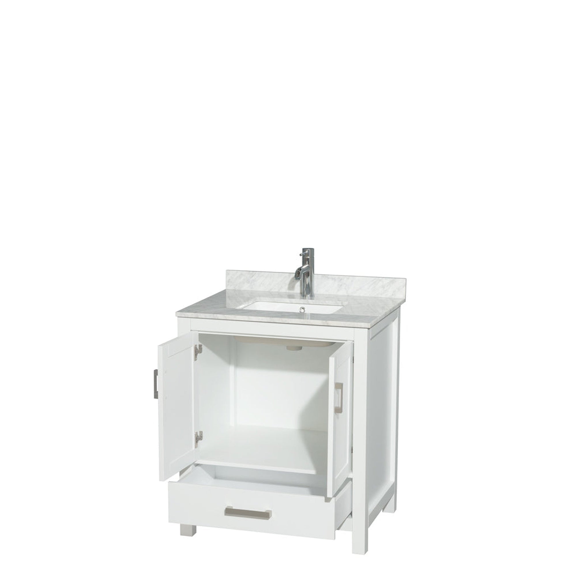 Wyndham Collection Sheffield 30" Single Bathroom Vanity in White, White Carrara Marble Countertop, Undermount Square Sink, and No Mirror