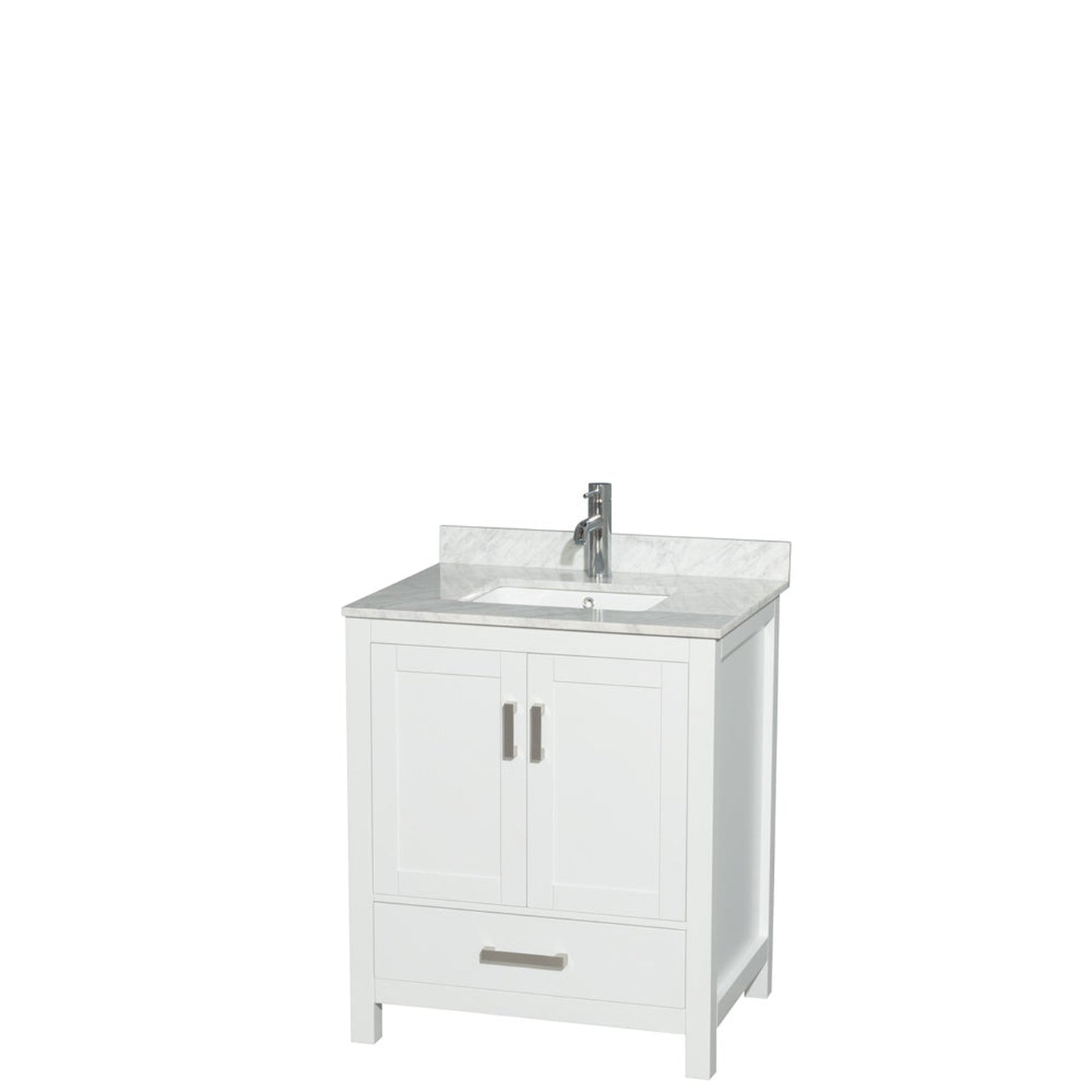 Wyndham Collection Sheffield 30" Single Bathroom Vanity in White, White Carrara Marble Countertop, Undermount Square Sink, and No Mirror