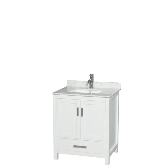 Wyndham Collection Sheffield 30" Single Bathroom Vanity in White, White Carrara Marble Countertop, Undermount Square Sink, and No Mirror