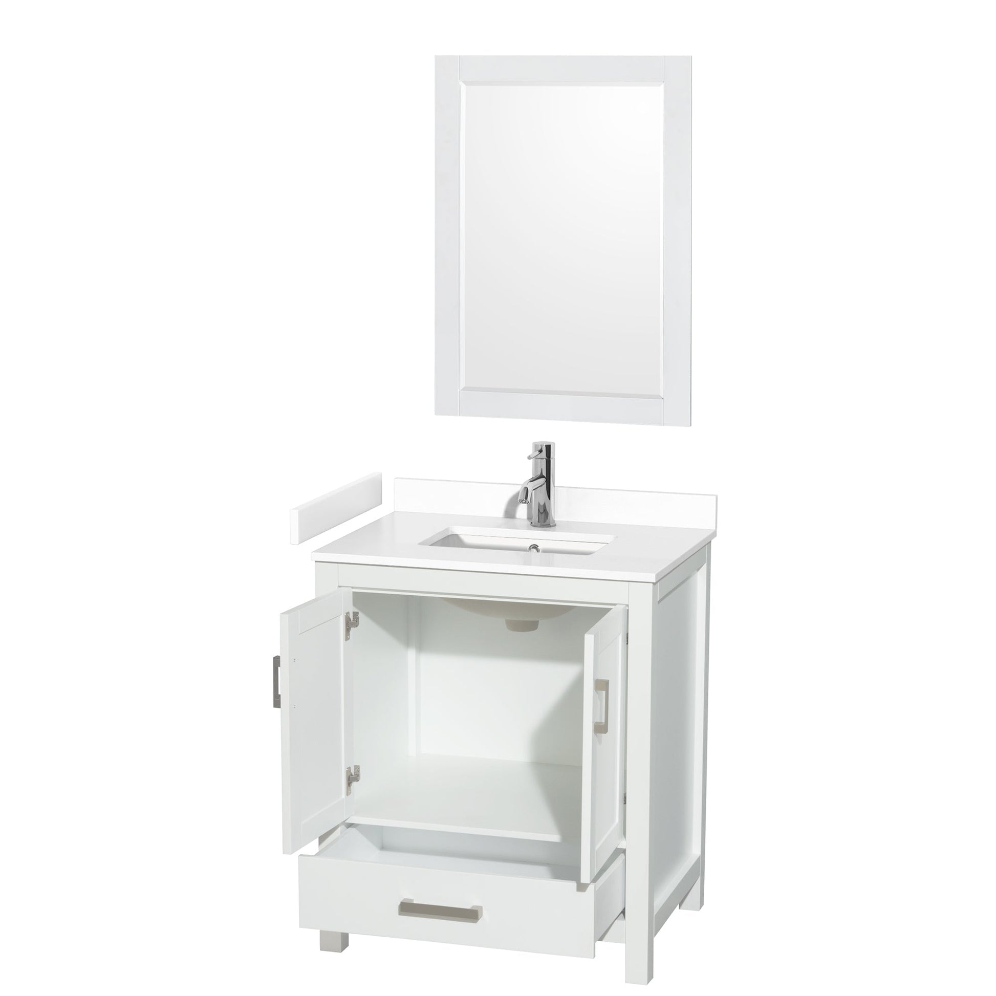 Wyndham Collection Sheffield 30" Single Bathroom Vanity in White, White Cultured Marble Countertop, Undermount Square Sink, 24" Mirror