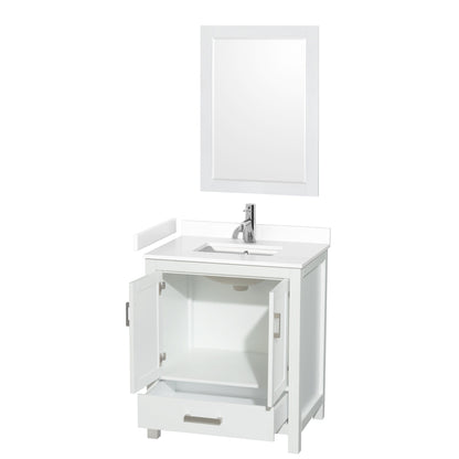 Wyndham Collection Sheffield 30" Single Bathroom Vanity in White, White Cultured Marble Countertop, Undermount Square Sink, 24" Mirror