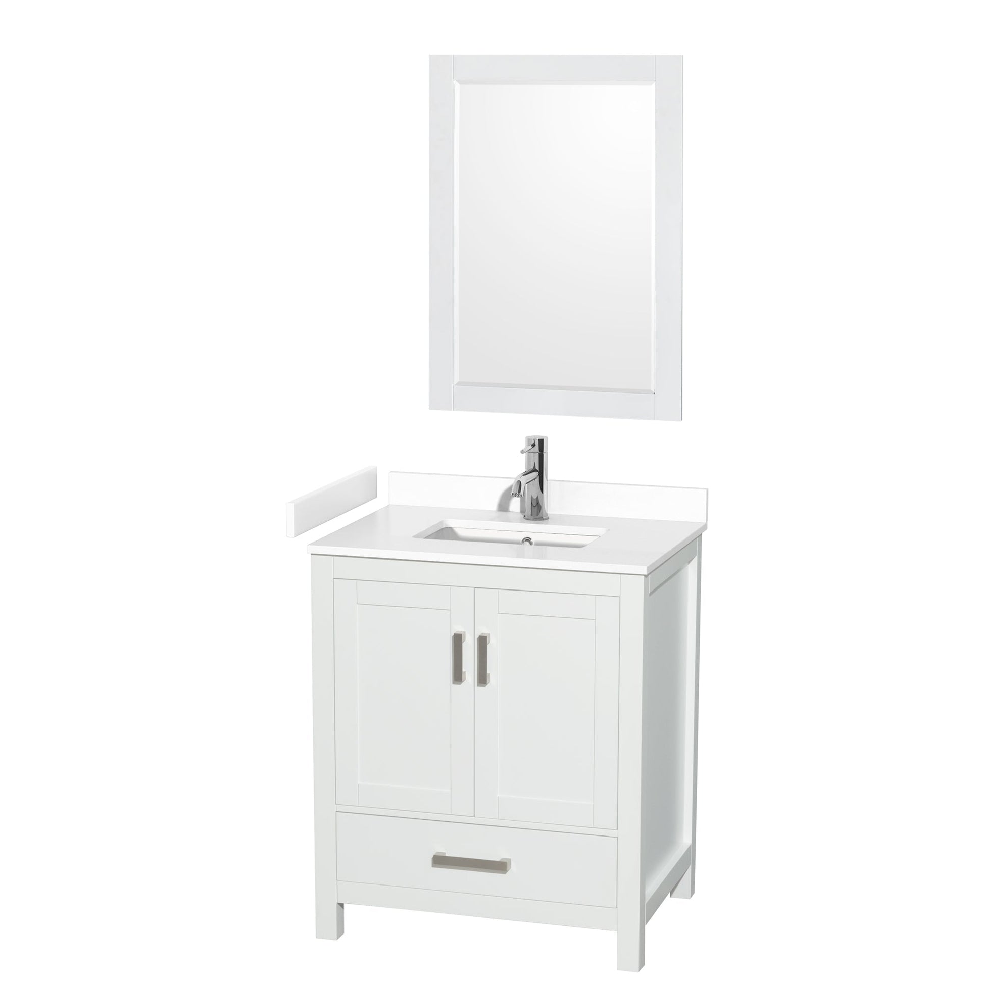 Wyndham Collection Sheffield 30" Single Bathroom Vanity in White, White Cultured Marble Countertop, Undermount Square Sink, 24" Mirror