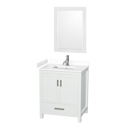Wyndham Collection Sheffield 30" Single Bathroom Vanity in White, White Cultured Marble Countertop, Undermount Square Sink, 24" Mirror