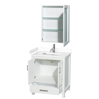 Wyndham Collection Sheffield 30" Single Bathroom Vanity in White, White Cultured Marble Countertop, Undermount Square Sink, Medicine Cabinet