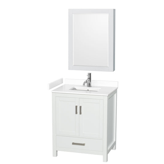 Wyndham Collection Sheffield 30" Single Bathroom Vanity in White, White Cultured Marble Countertop, Undermount Square Sink, Medicine Cabinet