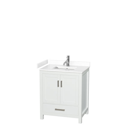 Wyndham Collection Sheffield 30" Single Bathroom Vanity in White, White Cultured Marble Countertop, Undermount Square Sink, No Mirror
