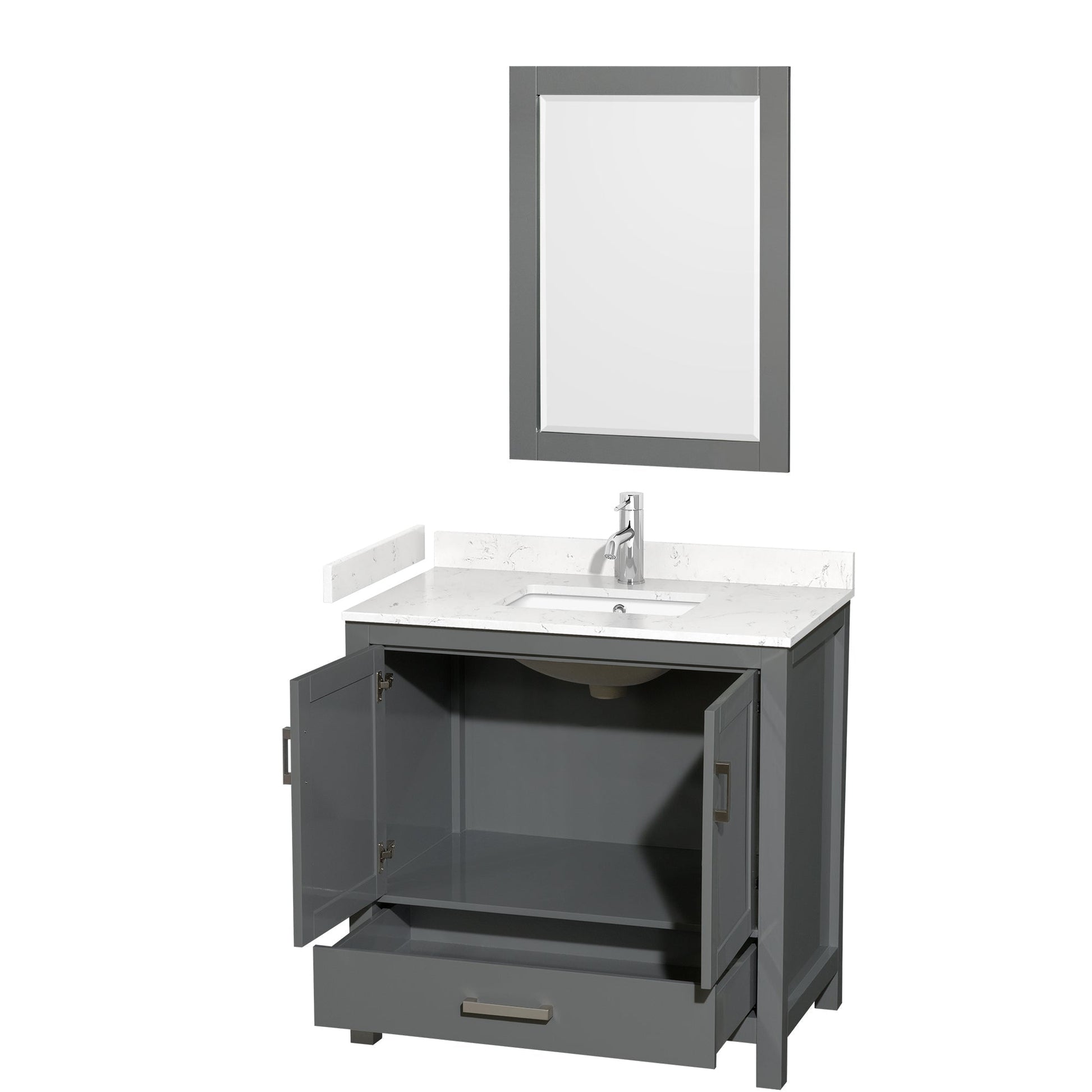 Wyndham Collection Sheffield 36" Single Bathroom Vanity in Dark Gray, Carrara Cultured Marble Countertop, Undermount Square Sink, 24" Mirror
