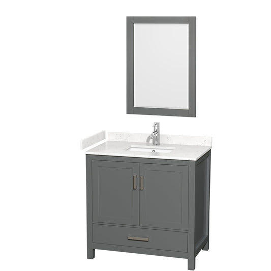 Wyndham Collection Sheffield 36" Single Bathroom Vanity in Dark Gray, Carrara Cultured Marble Countertop, Undermount Square Sink, 24" Mirror