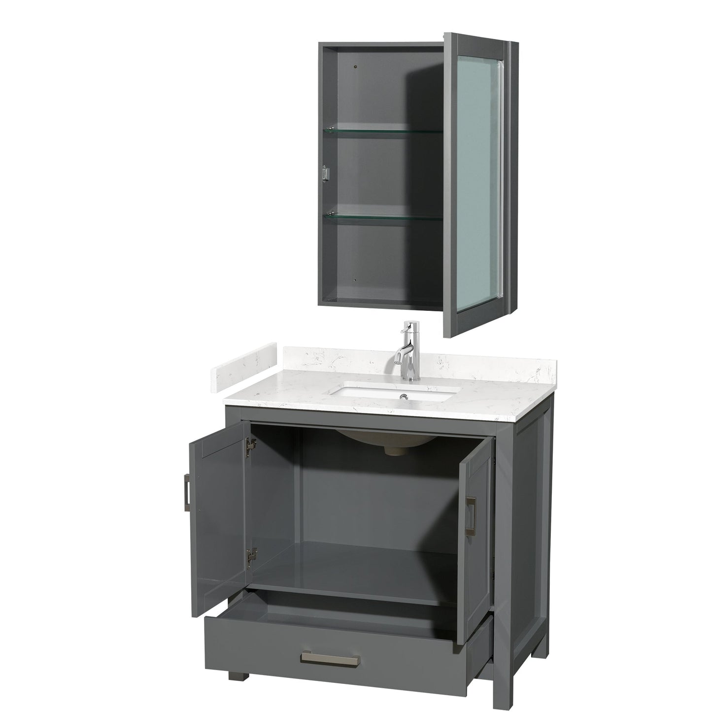 Wyndham Collection Sheffield 36" Single Bathroom Vanity in Dark Gray, Carrara Cultured Marble Countertop, Undermount Square Sink, Medicine Cabinet