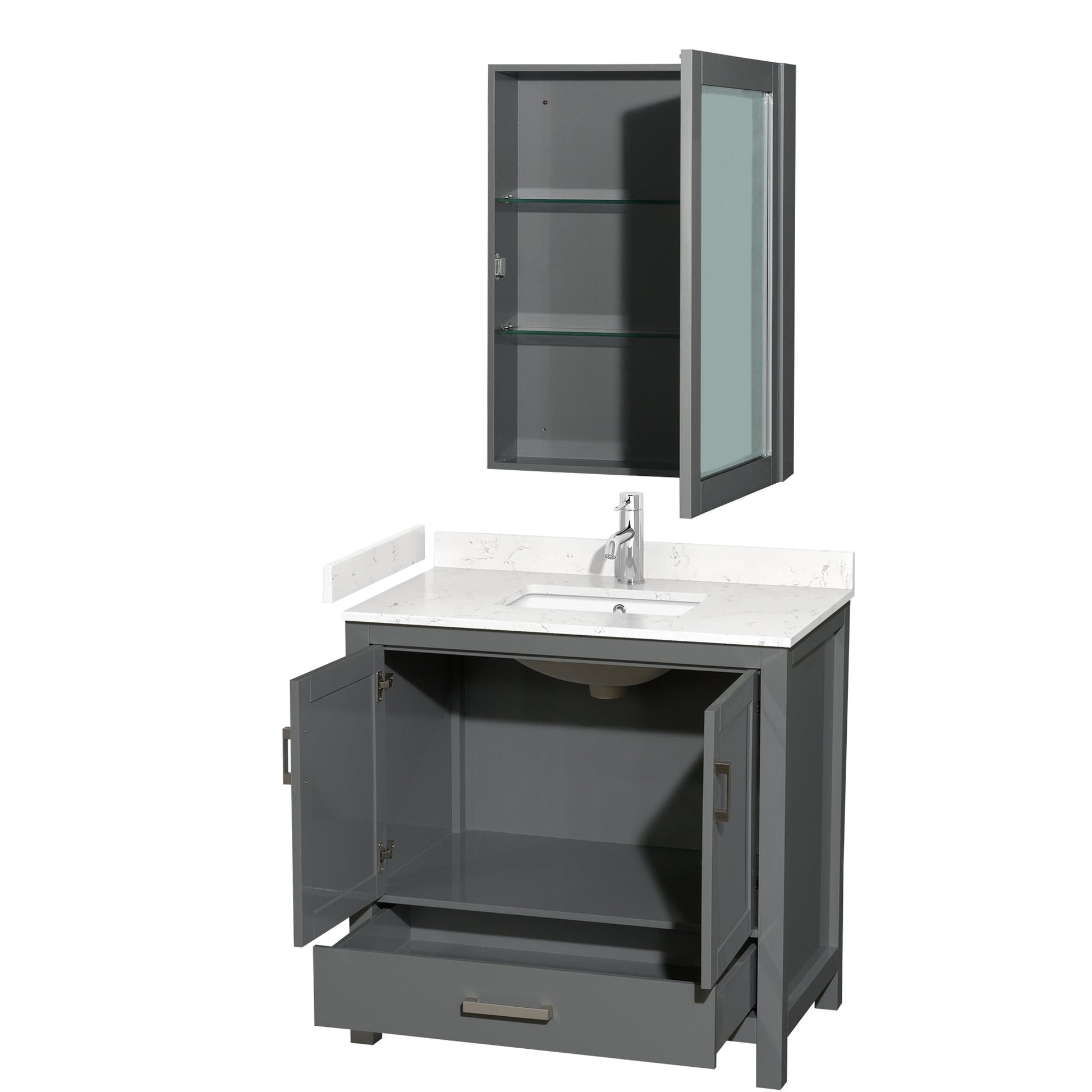 Wyndham Collection Sheffield 36" Single Bathroom Vanity in Dark Gray, Carrara Cultured Marble Countertop, Undermount Square Sink, Medicine Cabinet